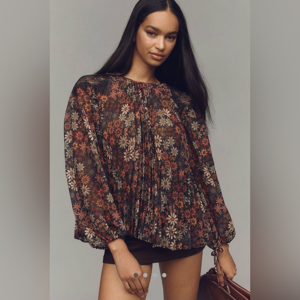 NWOT Farm Rio Long Sleeve Sheer Pleated Blouse, Size S